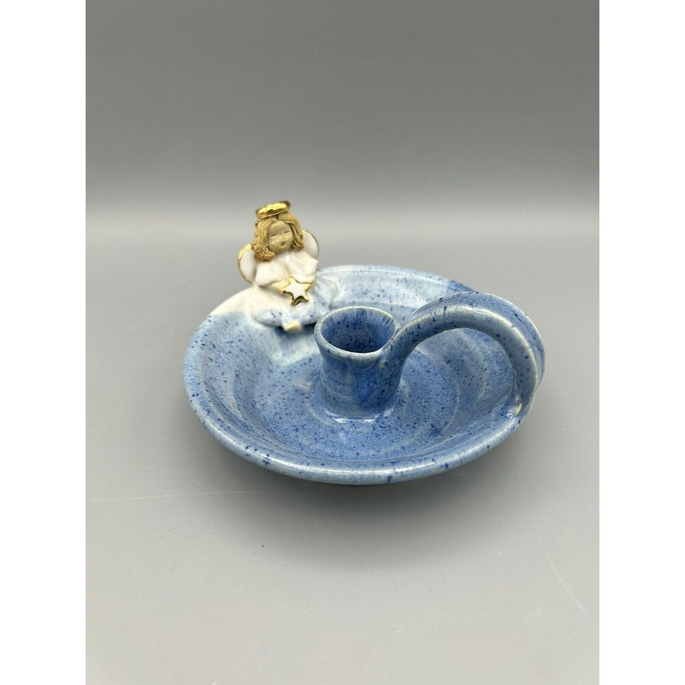Stoneware Pottery Christmas Angel w/ Spaghetti Hair Chamber Stick Candle Holder